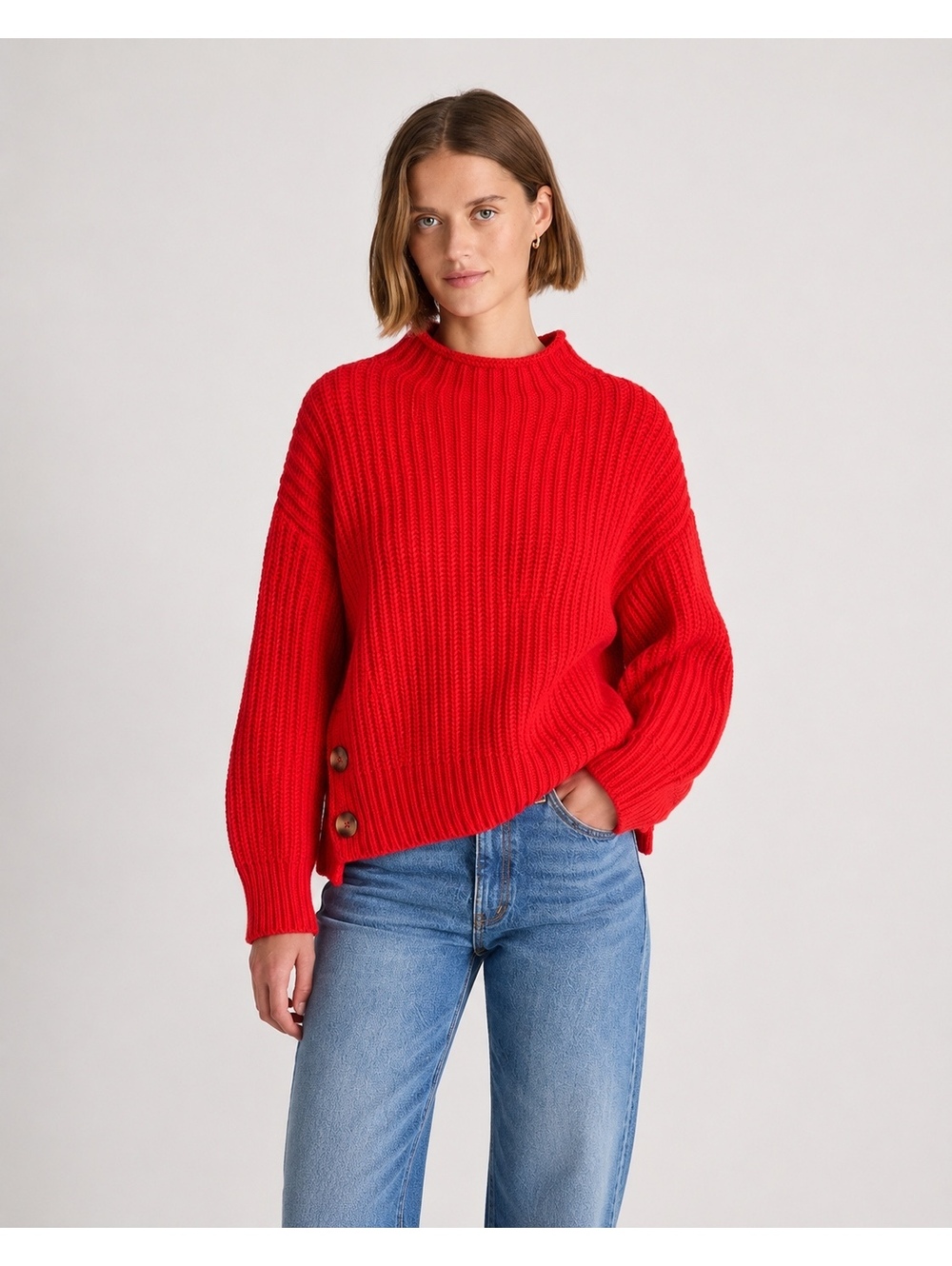 Madewell Mockneck Side-Button Pullover Sweater Red Cotton Wool Knit Size M